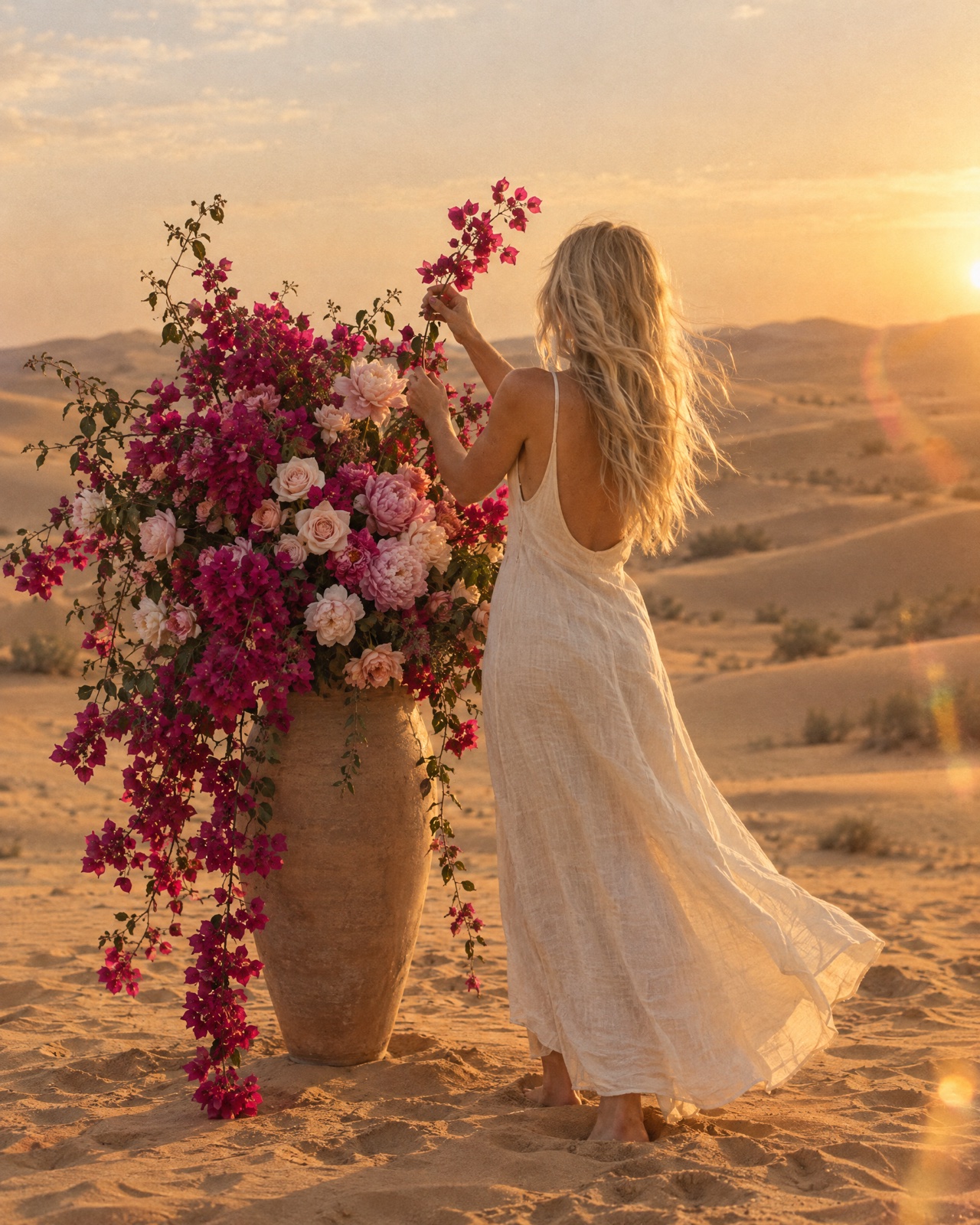A woman arranging bougainvillea and roses in a terracotta vase in the Dubai desert at sunset